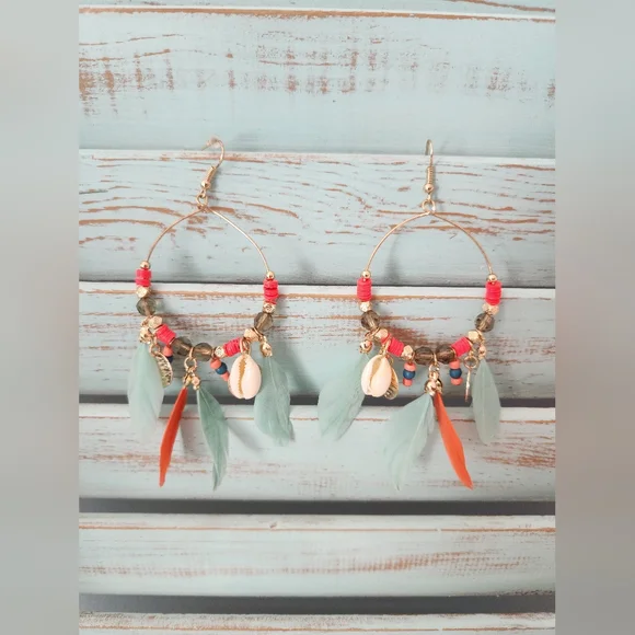 NEW Teardrop Feather and Shell Earrings - Picture 4 of 6